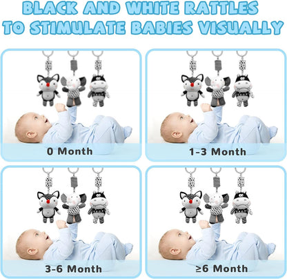 Hanging Rattles Toys White & Black Stroller Toy, Newborn Toys Infant Toys Crib Toys, Soft Plush for Stroller Car Seat Crib with Wind Chimes, Best Baby Gift for 0,3,6,9,12,18 Months