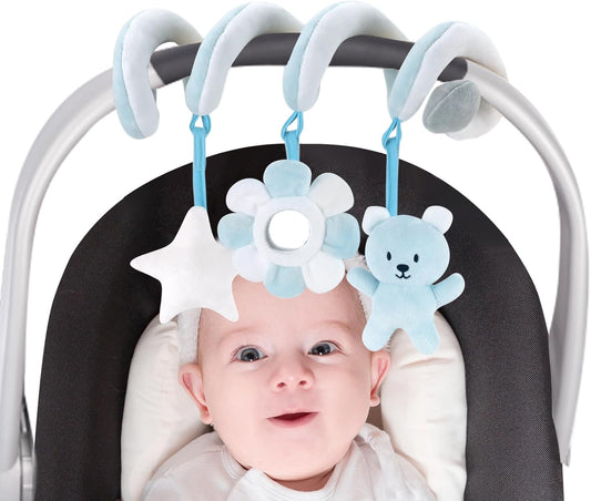 Car Seat Toys for Babies 0-6 Months Boys, Hanging Rattle Bouncer Toys for Crib Mobile, Infant Spiral Plush Stroller Toys, Blue Bear