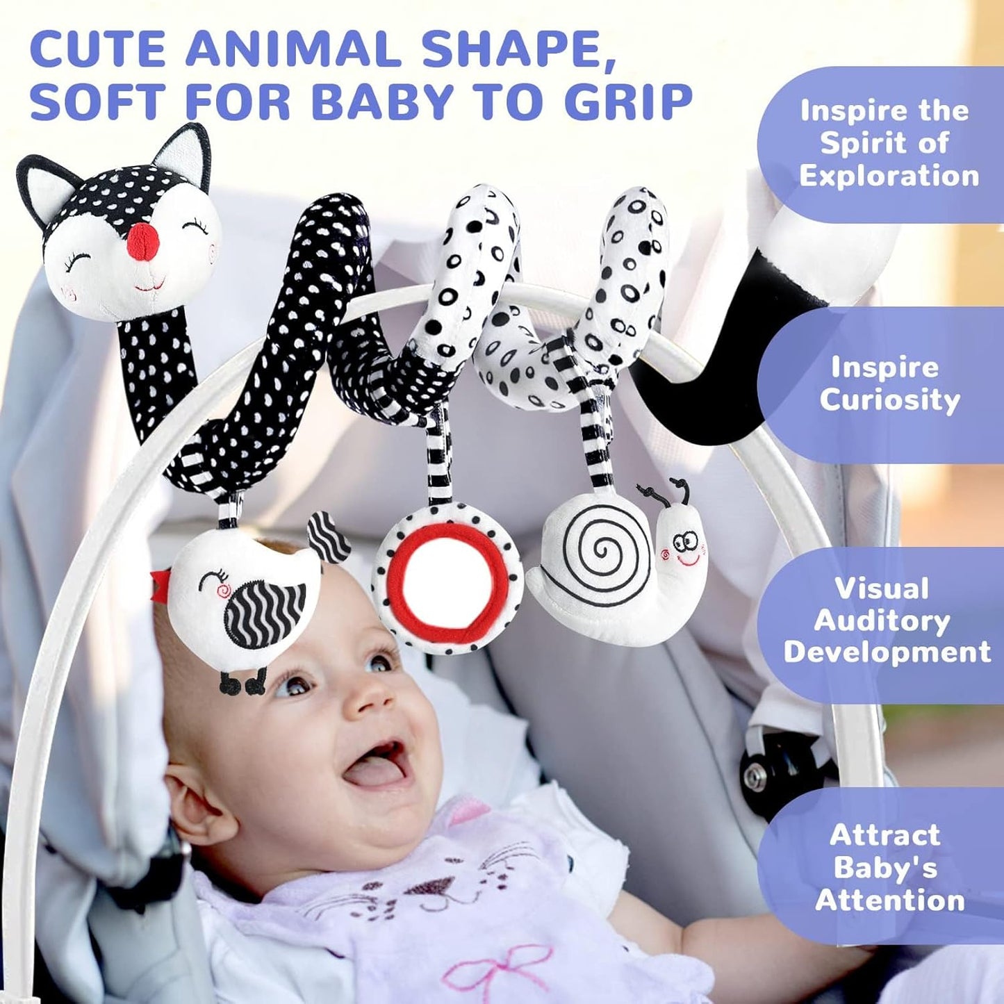 Euyecety Baby Spiral Plush Toys, Black White Stroller Toy Stretch & Spiral Activity Toy Car Seat Toys, Hanging Rattle Toys for Crib Mobile, Newborn Sensory Toy Best Gift for 0 3 6 9 12 Months Baby-Fox