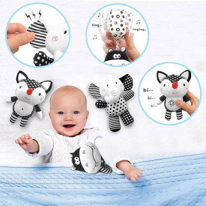 Hanging Rattles Toys White & Black Stroller Toy, Newborn Toys Infant Toys Crib Toys, Soft Plush for Stroller Car Seat Crib with Wind Chimes, Best Baby Gift for 0,3,6,9,12,18 Months