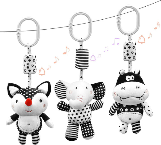 Hanging Rattles Toys White & Black Stroller Toy, Newborn Toys Infant Toys Crib Toys, Soft Plush for Stroller Car Seat Crib with Wind Chimes, Best Baby Gift for 0,3,6,9,12,18 Months